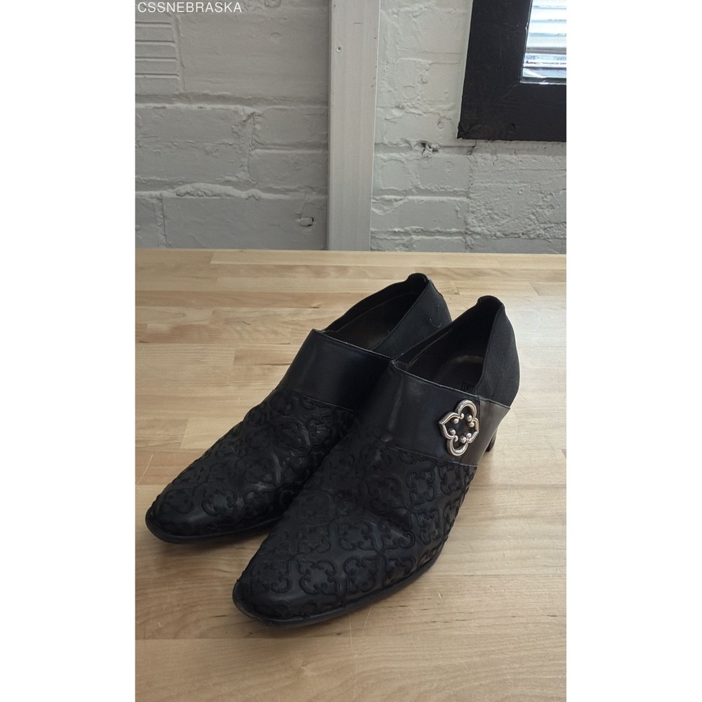 Brighton Theta Black Leather Embroidered Block Heel Pumps Women's Size 9.5M